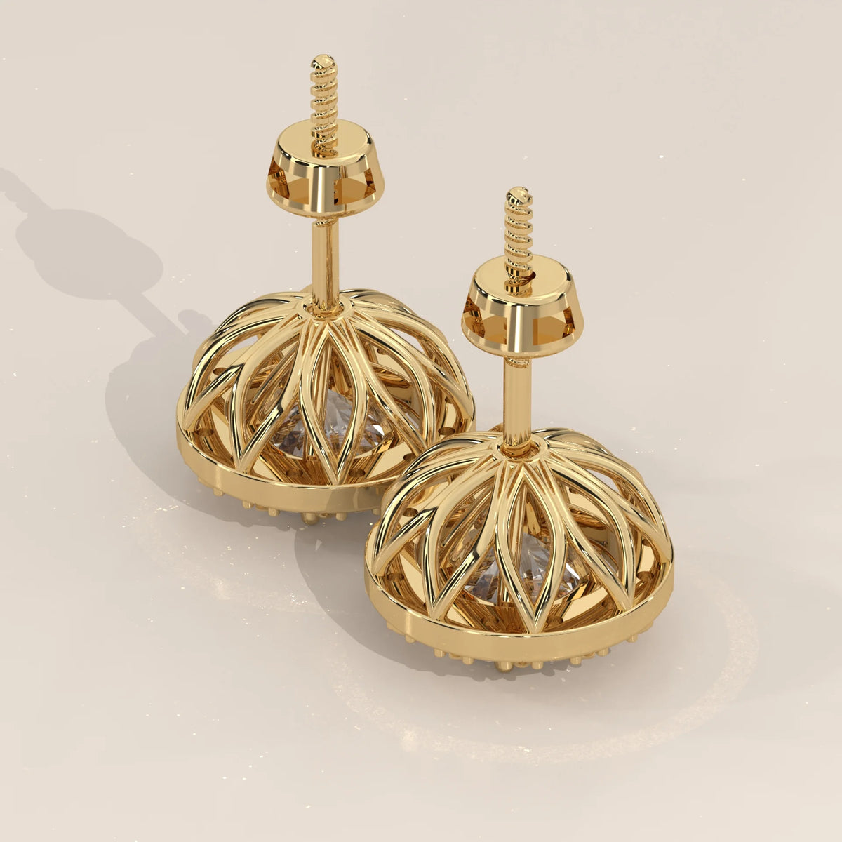 Round Halo Lab Grown Diamond Studs with Domed Openwork Basket in yellow gold, shown at an angle.