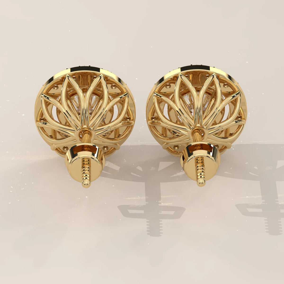 Round Halo Lab Grown Diamond Studs with Domed Openwork Basket in yellow gold, shown from the side.
