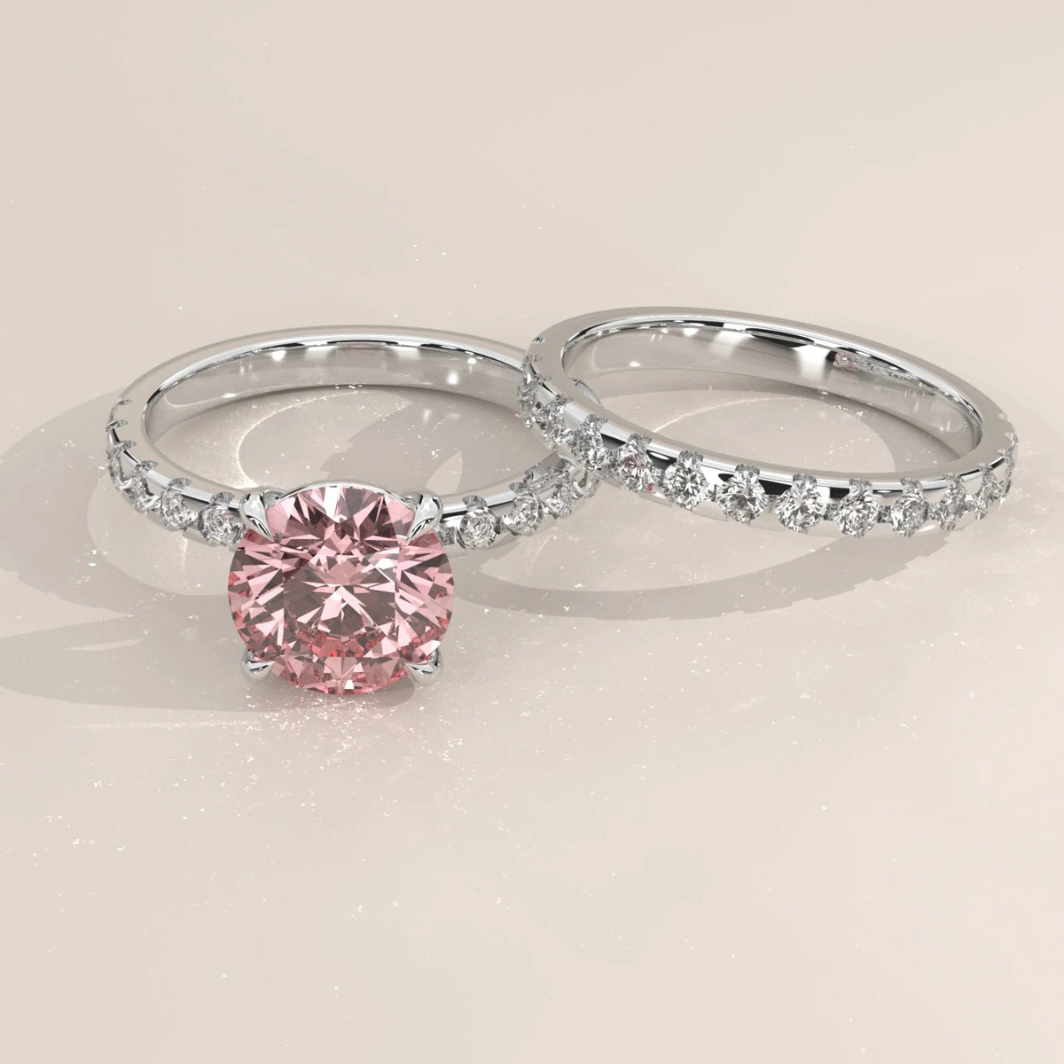 Side by side with engagement ring: Round Diamond Matching Wedding Band with Claw Setting in Platinum – Lab Grown – Driona Jewels