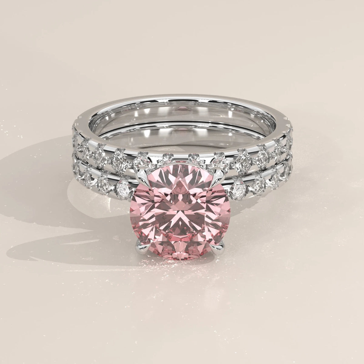 Stacked set, front view: Round Diamond Matching Wedding Band with Claw Setting in Platinum – Lab Grown – Driona Jewels