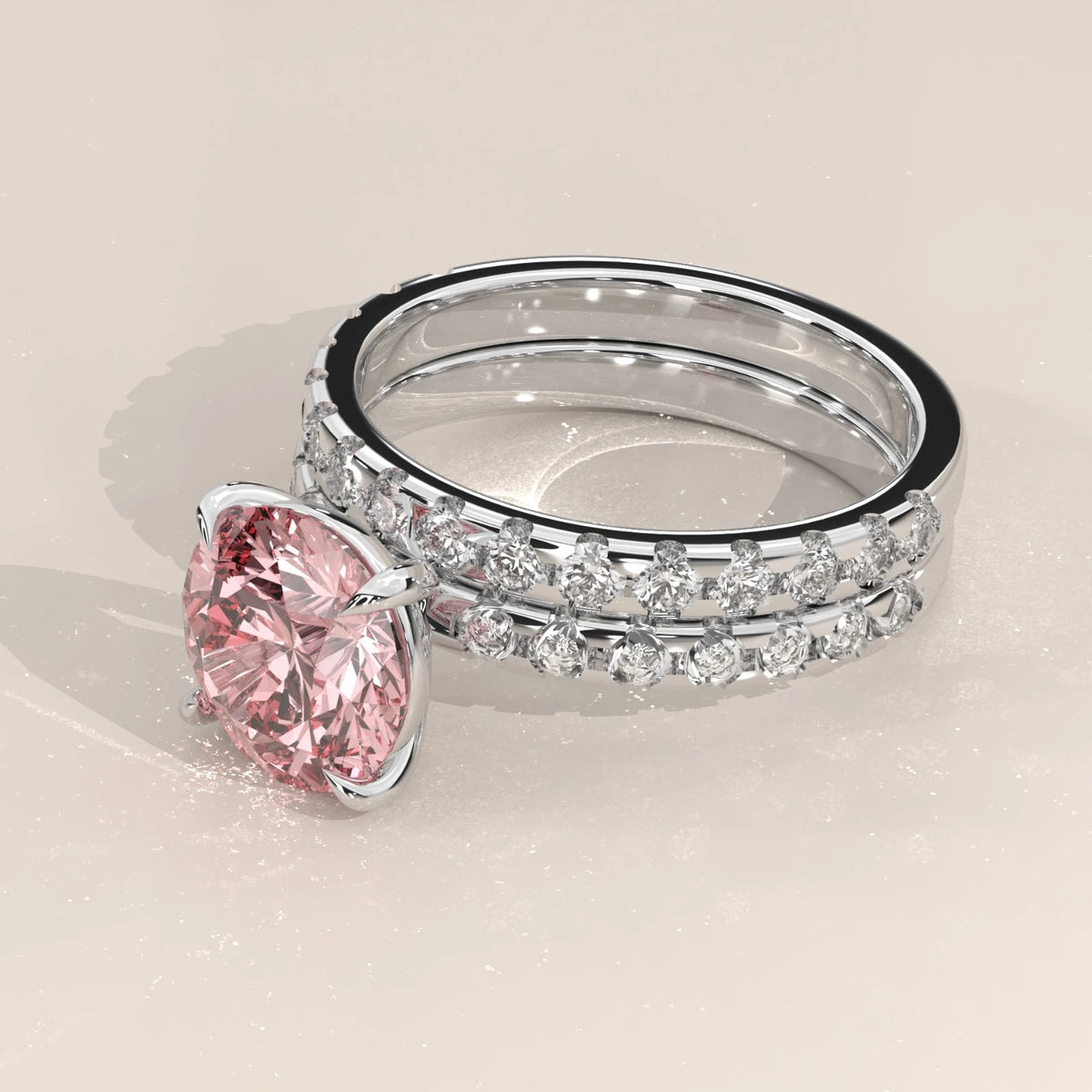 Stacked set, side view: Round Diamond Matching Wedding Band with Claw Setting in Platinum – Lab Grown – Driona Jewels