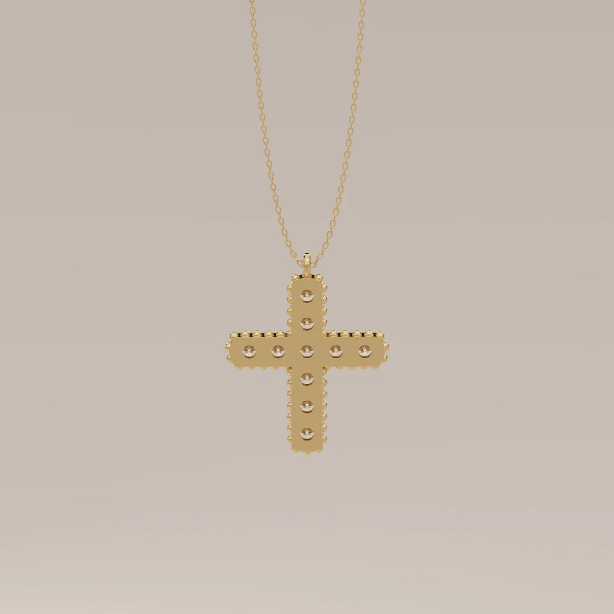 Round Lab Grown Diamond Cross Pendant with Beaded Edge in yellow gold, photographed head-on.