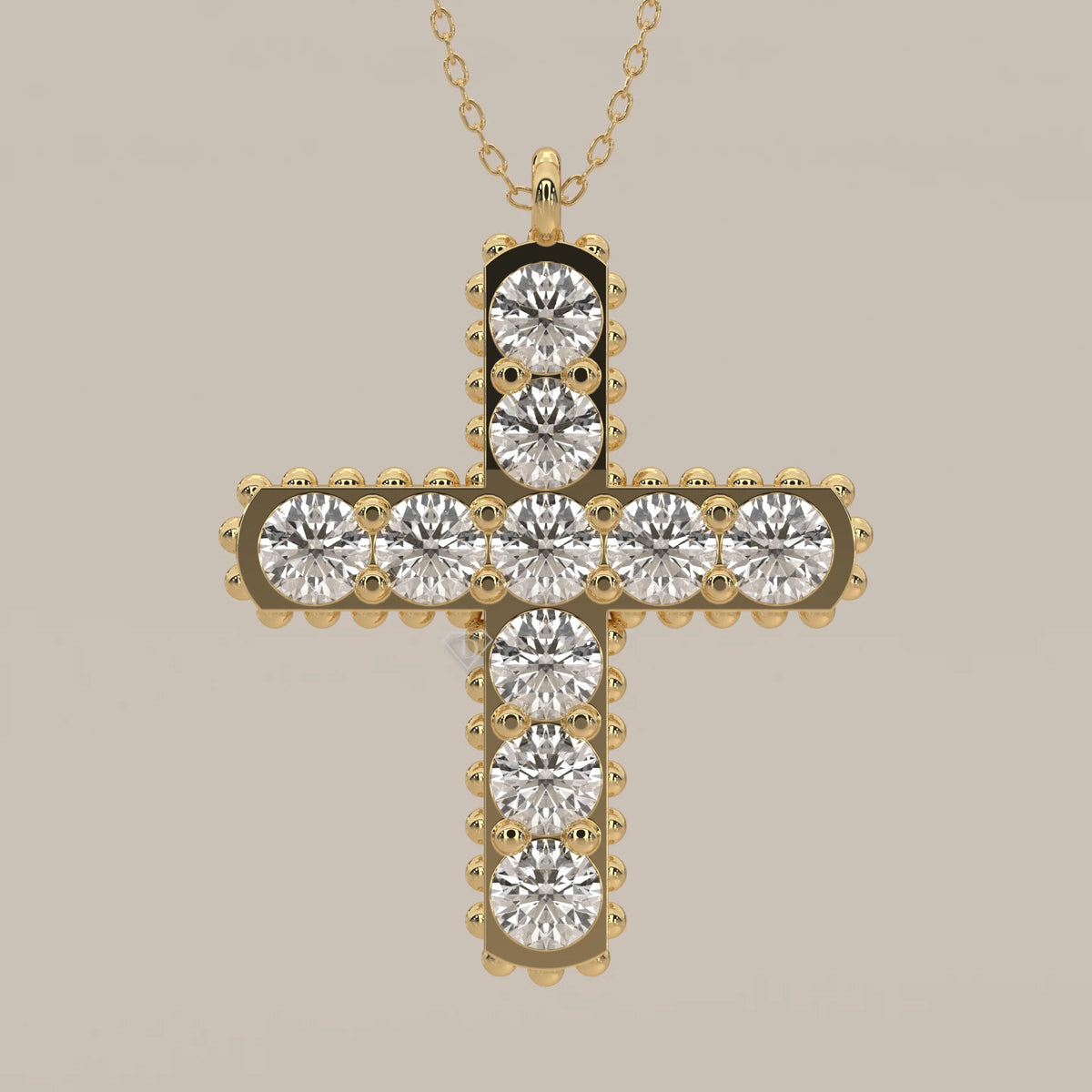 Round Lab Grown Diamond Cross Pendant with Beaded Edge in yellow gold, front view on a plain background.