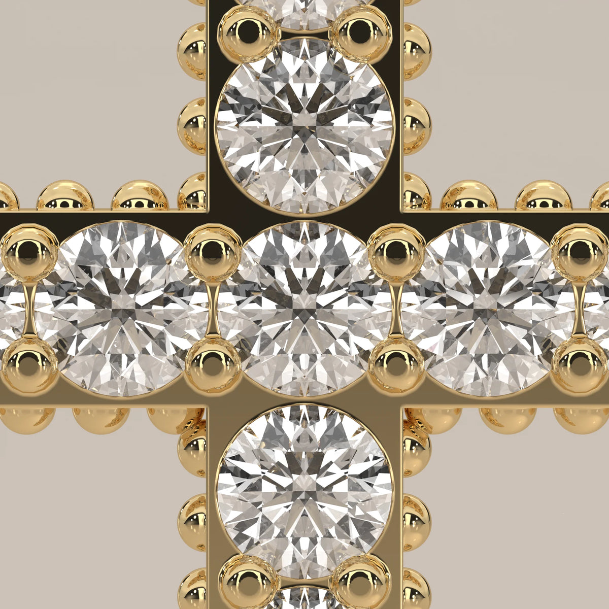 Round Lab Grown Diamond Cross Pendant with Beaded Edge in yellow gold, shown on a plain background.