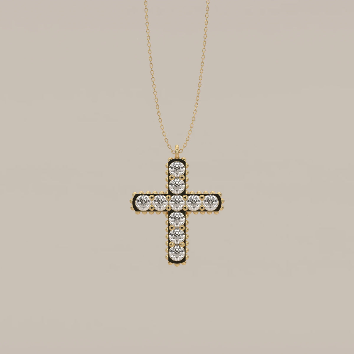 Round Lab Grown Diamond Cross Pendant with Beaded Edge in yellow gold, shown from the front.