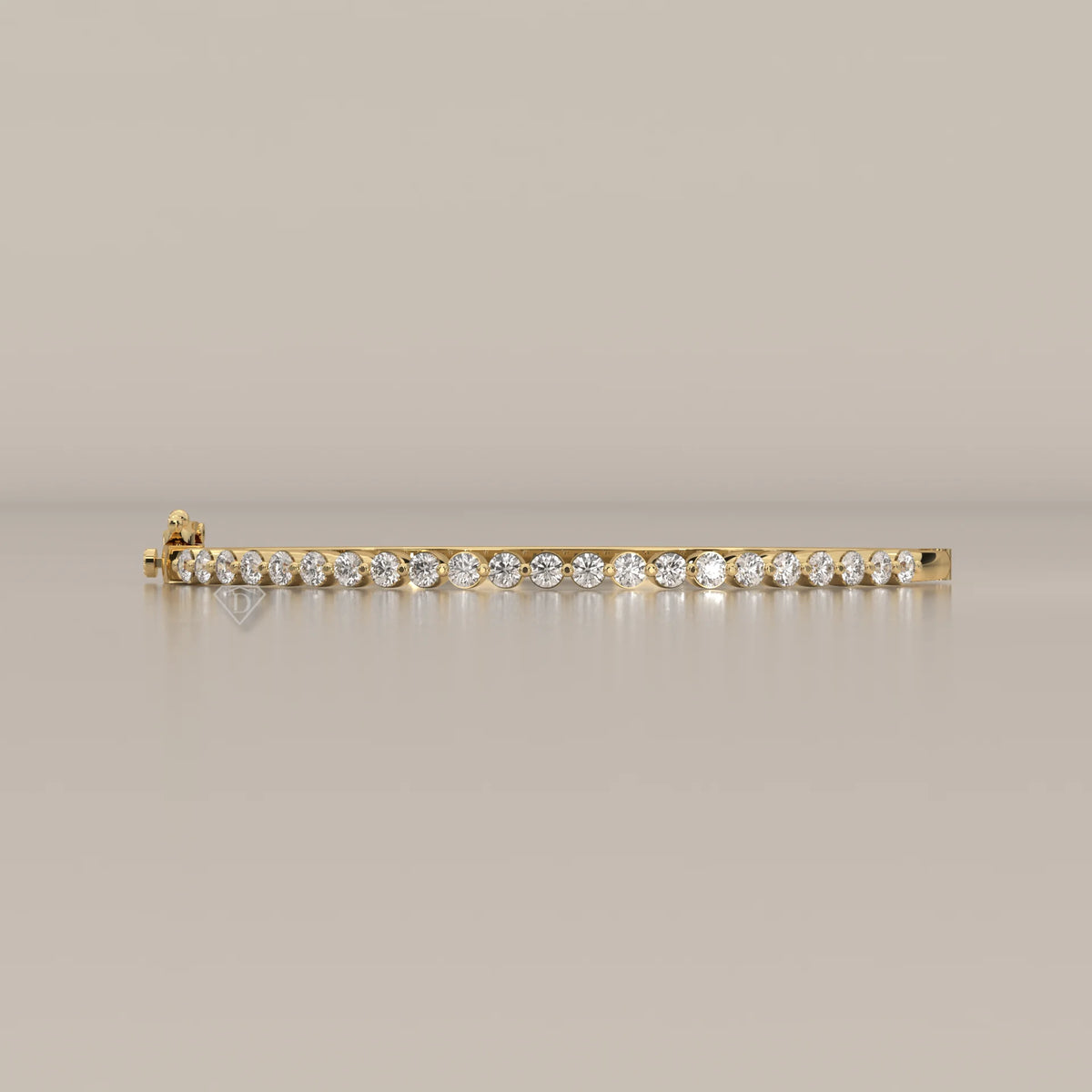 Round Lab Grown Diamond Hinged Bangle with Half Row of Stones in yellow gold, photographed head-on.