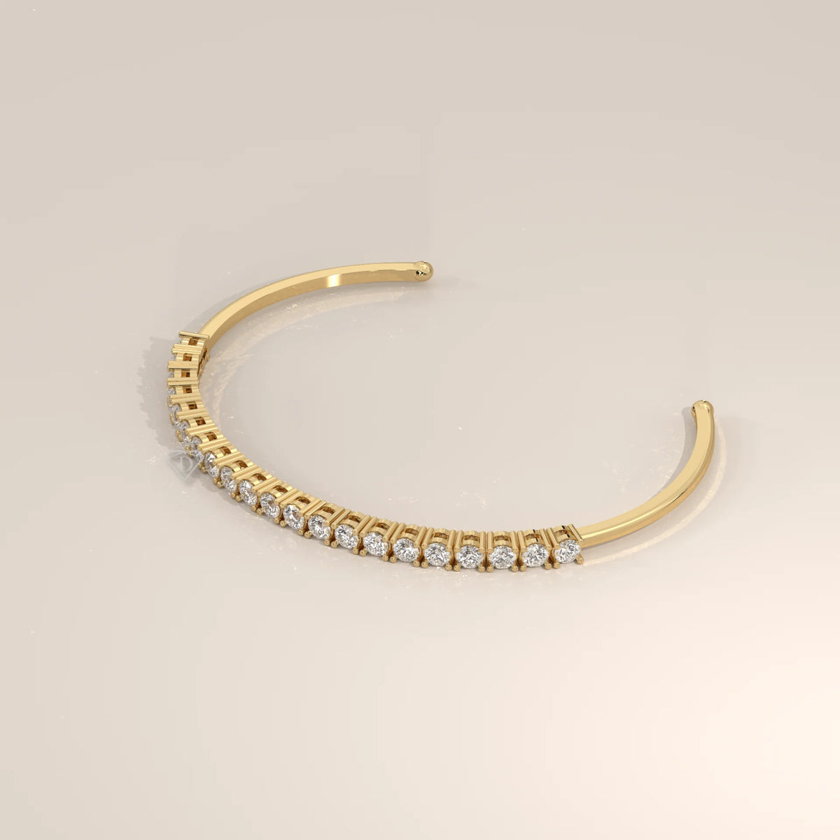 Round Lab Grown Diamond Open Cuff Bracelet with Ball Ends in yellow gold, shown from the side.