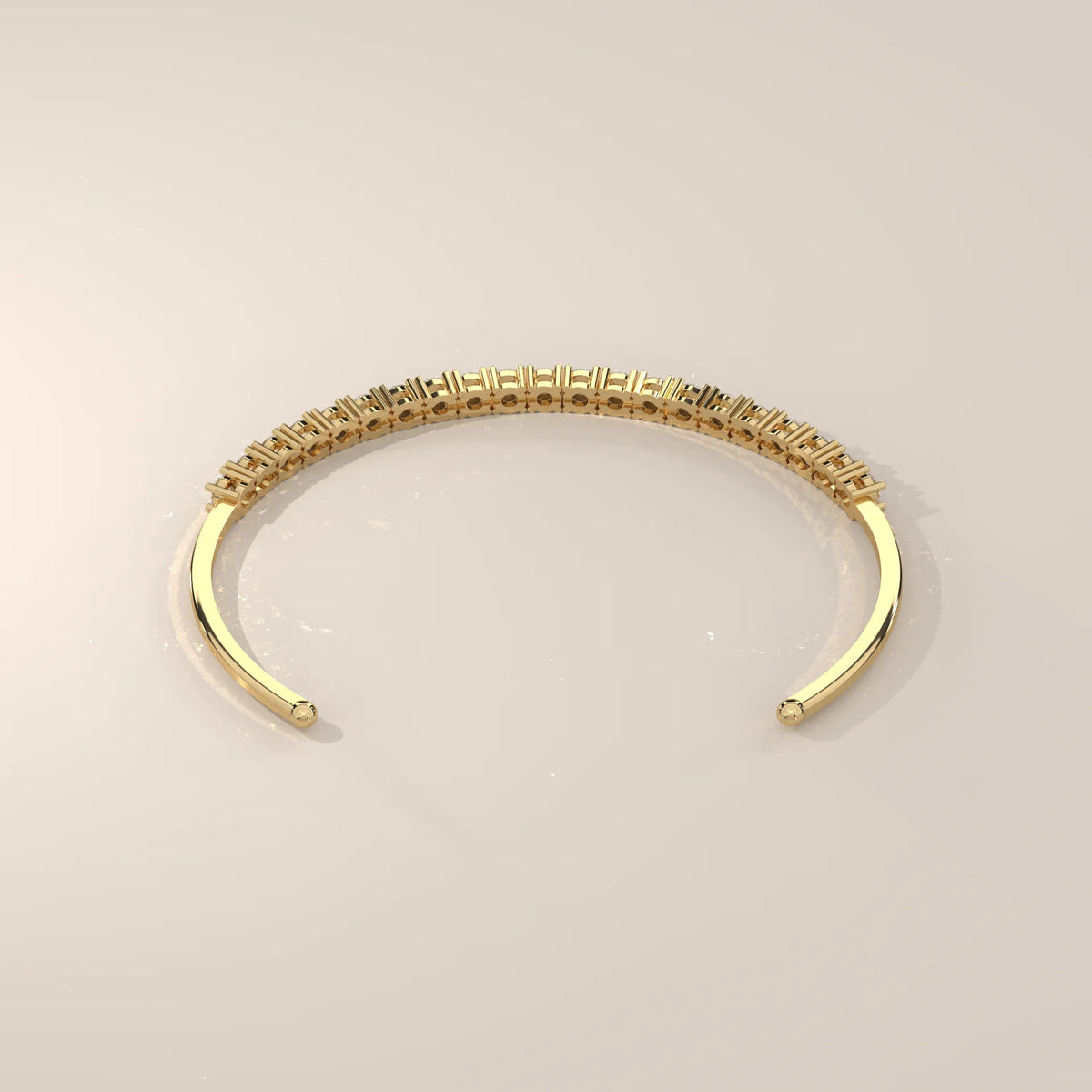 Round Lab Grown Diamond Open Cuff Bracelet with Ball Ends in yellow gold, shown on a plain background.