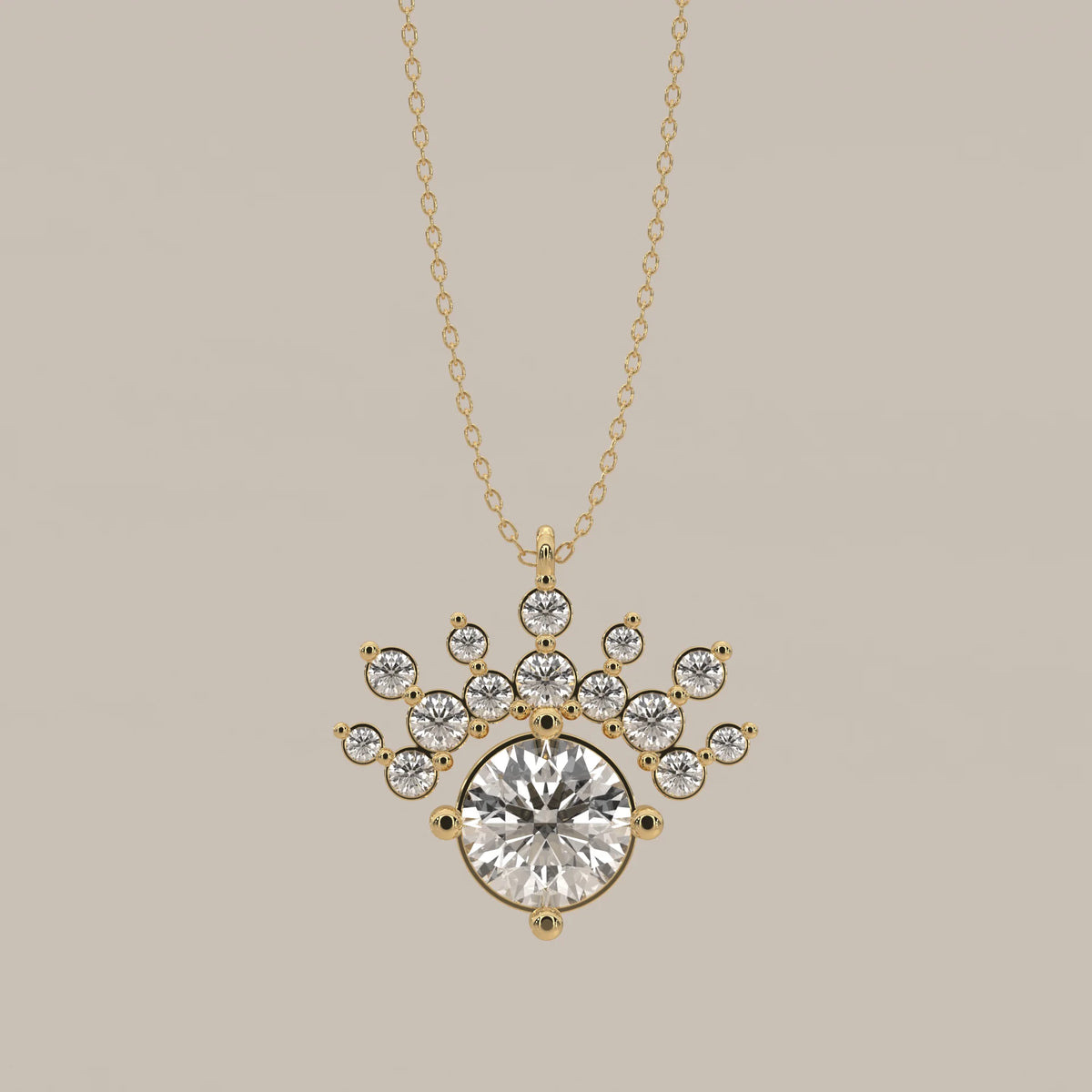 Round Lab Grown Diamond Pendant with a Fan Crown of Round Accents in yellow gold, shown from the front.
