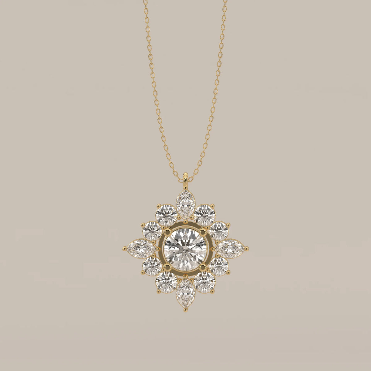 Round Lab Grown Diamond Starburst Cluster Pendant with Marquise Points in yellow gold, shown from the front.