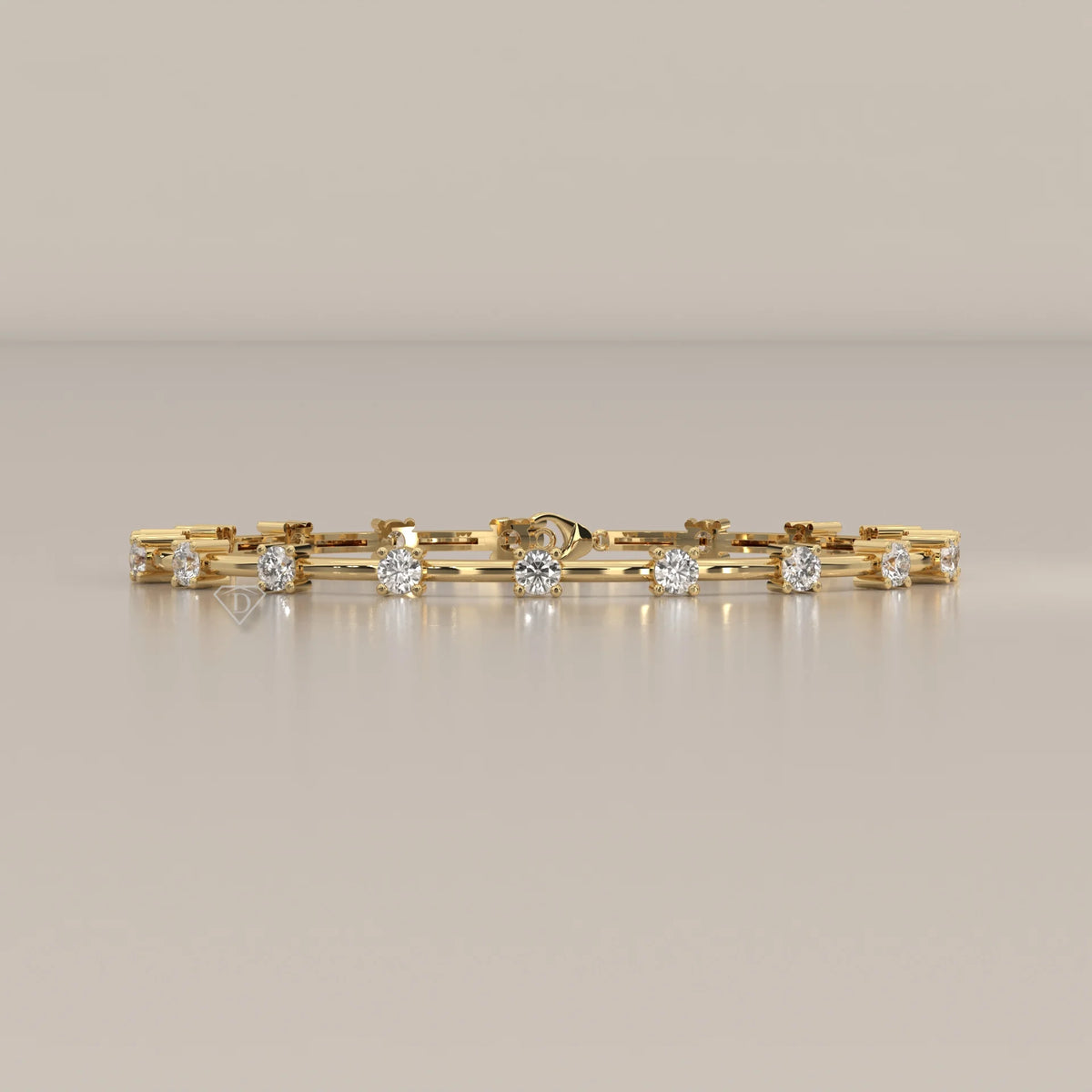 Round Lab Grown Diamond Station Bracelet on Polished Bar Links in yellow gold, photographed head-on.