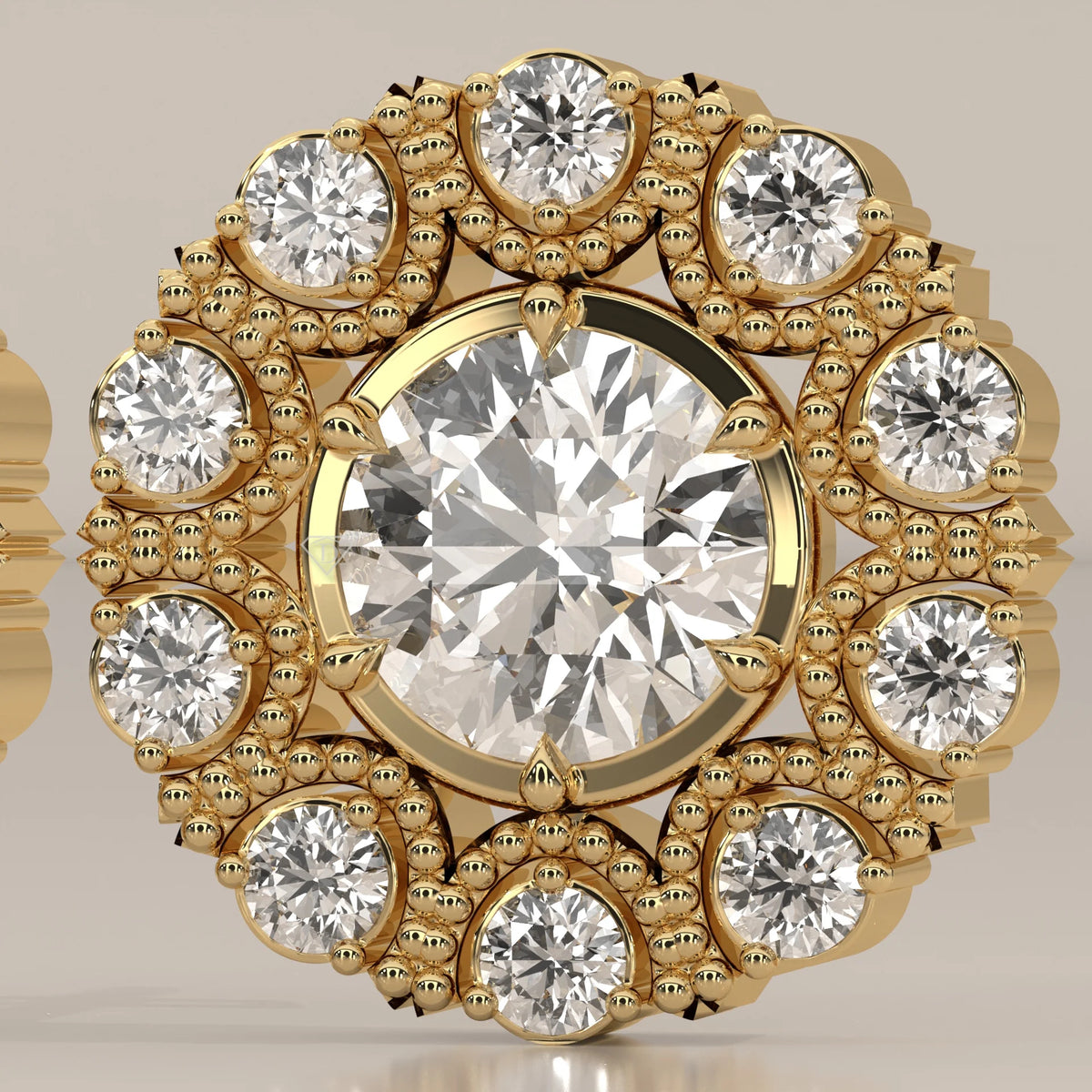 Round Lab Grown Diamond Studs in a Beaded Vintage-Look Halo in yellow gold, front view on a plain background.