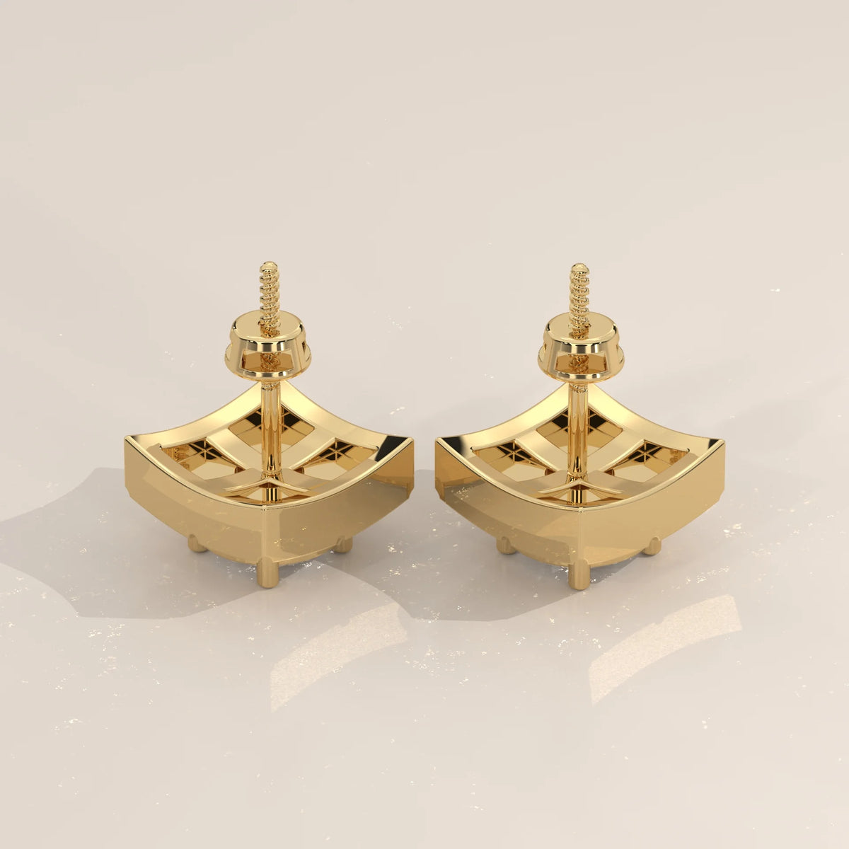 Round Lab Grown Diamond Studs on a Diamond Shaped Gold Plate in yellow gold, front view on a plain background.