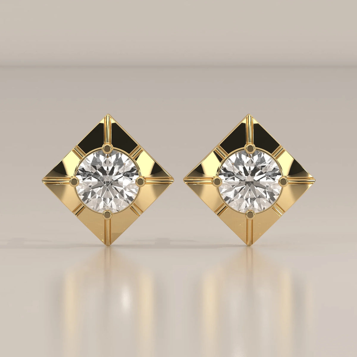 Round Lab Grown Diamond Studs on a Diamond Shaped Gold Plate in yellow gold, shown from the front.