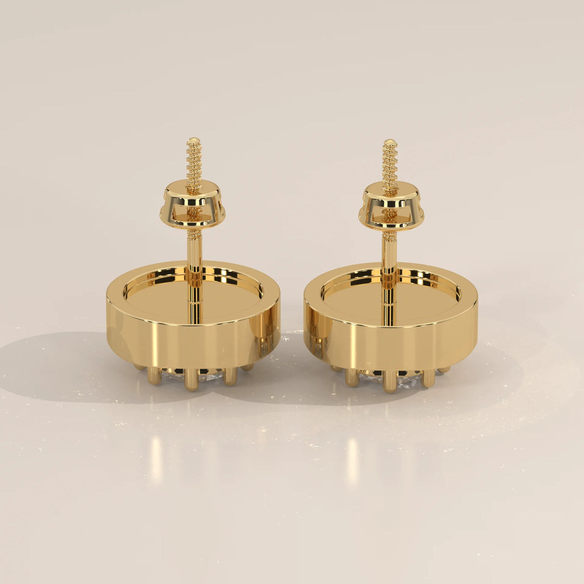 Round Lab Grown Diamond Studs in an Eight Claw Gold Disc Setting in yellow gold, photographed head-on.