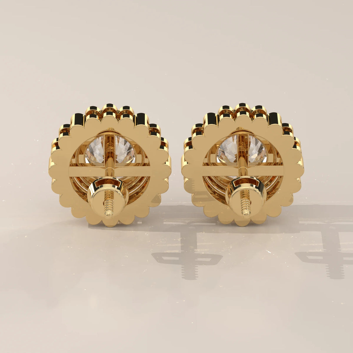 Round Lab Grown Diamond Studs in a Scalloped Flower Halo in yellow gold, shown on a plain background.