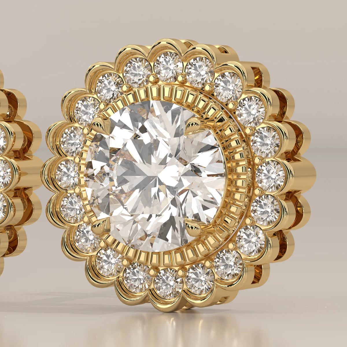 Round Lab Grown Diamond Studs in a Scalloped Flower Halo in yellow gold, front view on a plain background.