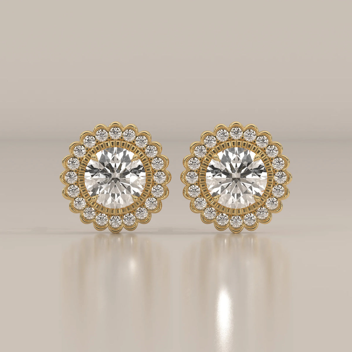 Round Lab Grown Diamond Studs in a Scalloped Flower Halo in yellow gold, shown from the front.