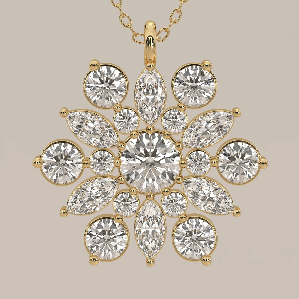 Round and Marquise Lab Grown Diamond Snowflake Cluster Pendant in yellow gold, front view on a plain background.