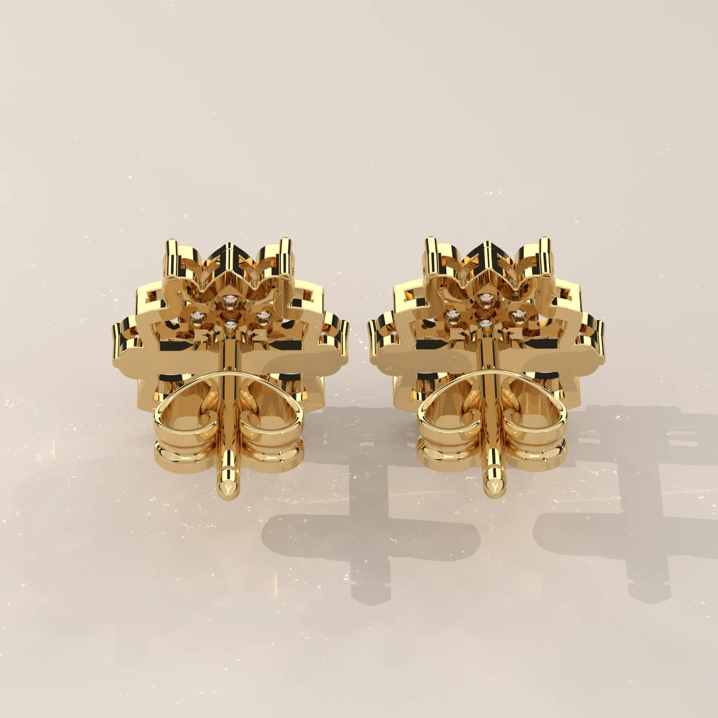 Back View: Round Diamond Stud Earrings with Cluster Setting in Yellow Gold – Lab Grown – Driona Jewels