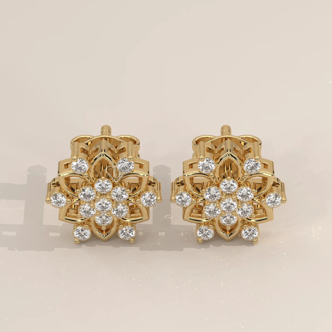 Pair Front View: Round Diamond Stud Earrings with Cluster Setting in Yellow Gold – Lab Grown – Driona Jewels