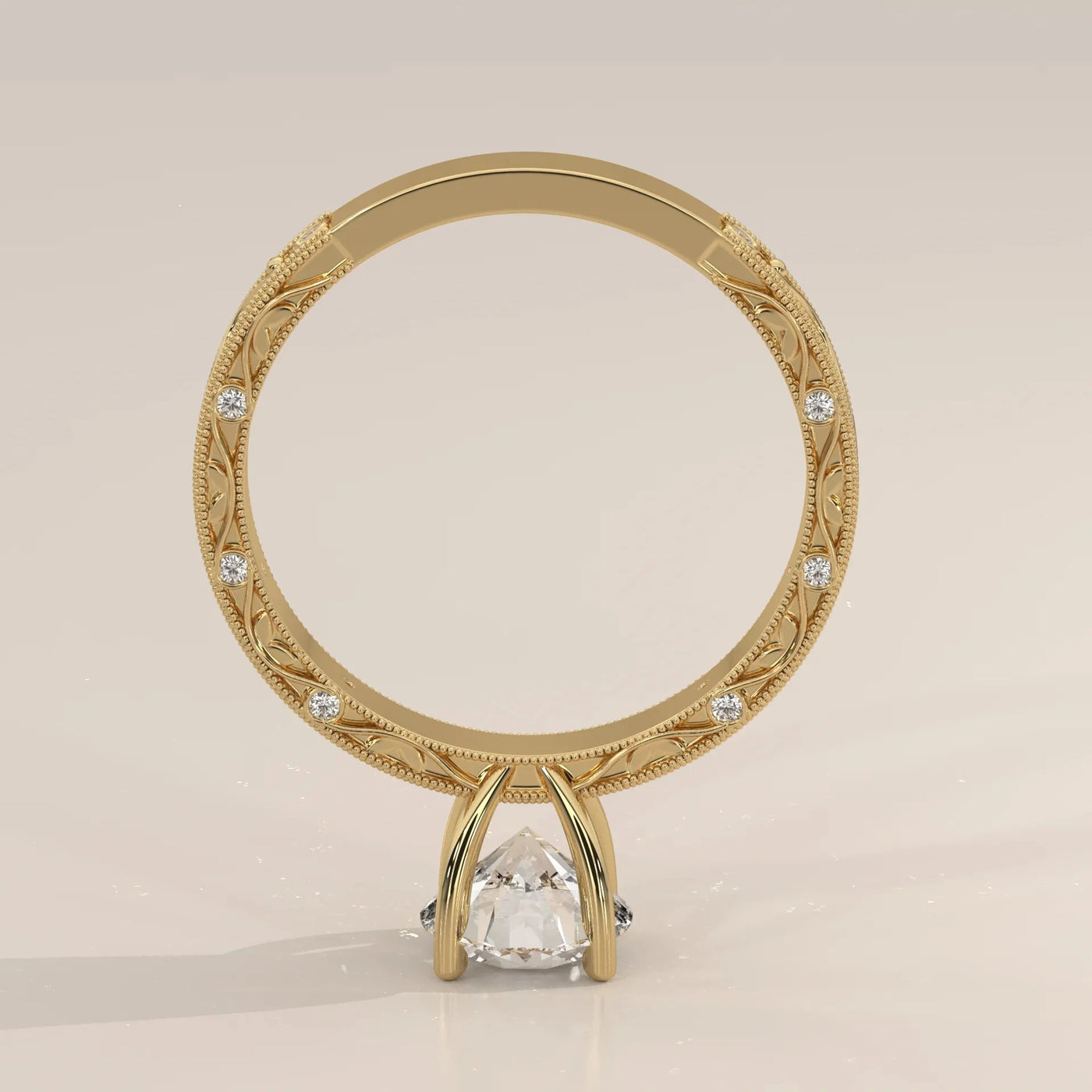Angle View: Round Diamond Ring with Openwork Setting in Yellow Gold – Lab Grown – Driona Jewels
