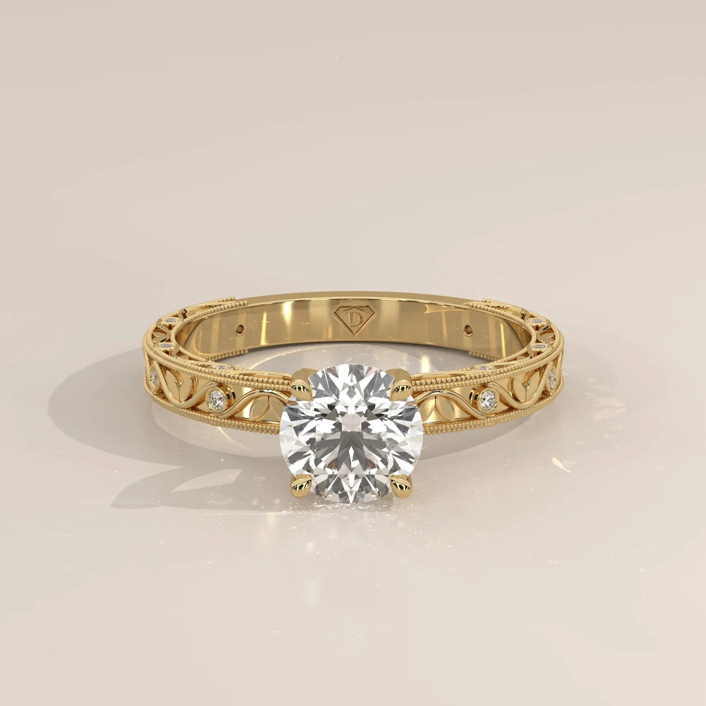 Angle View: Round Diamond Ring with Openwork Setting in Yellow Gold – Lab Grown – Driona Jewels
