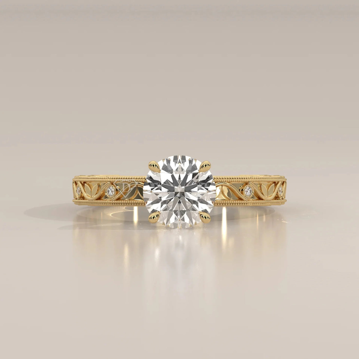 Front View: Round Diamond Ring with Openwork Setting in Yellow Gold – Lab Grown – Driona Jewels