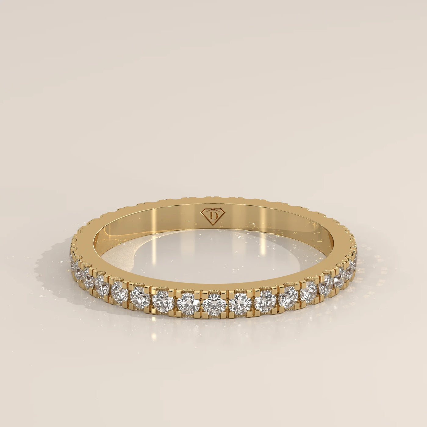 Three-Quarter View: Round Diamond Eternity Band with Pavé Setting in Yellow Gold – Lab Grown – Driona Jewels