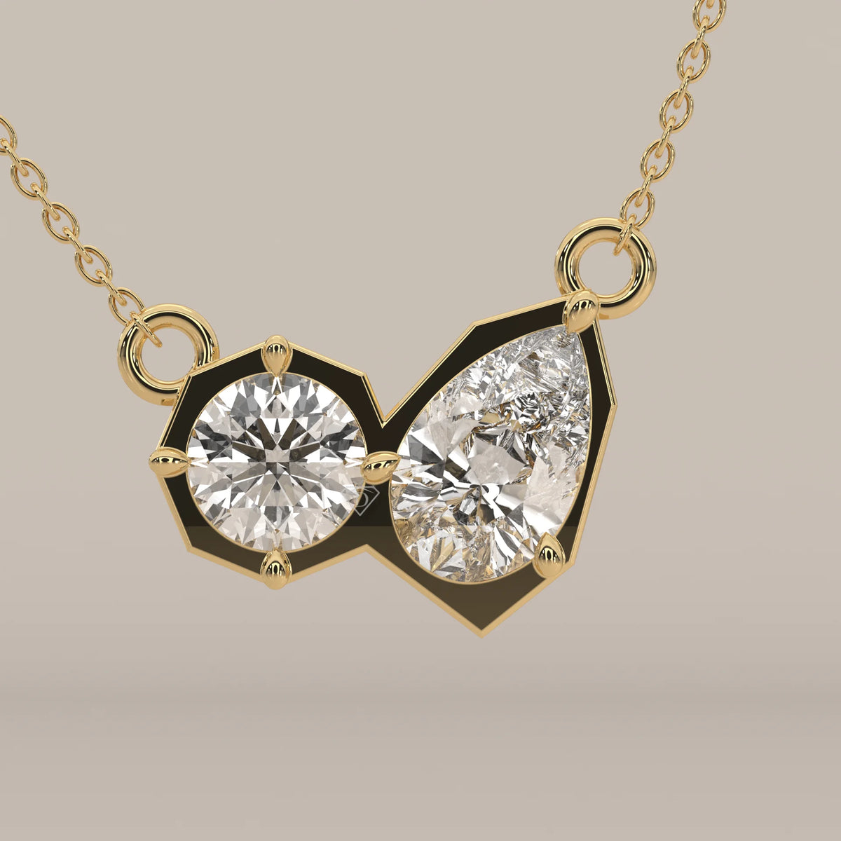 Round and Pear Lab Grown Diamond Geometric Frame Bar Pendant in yellow gold, front view on a plain background.
