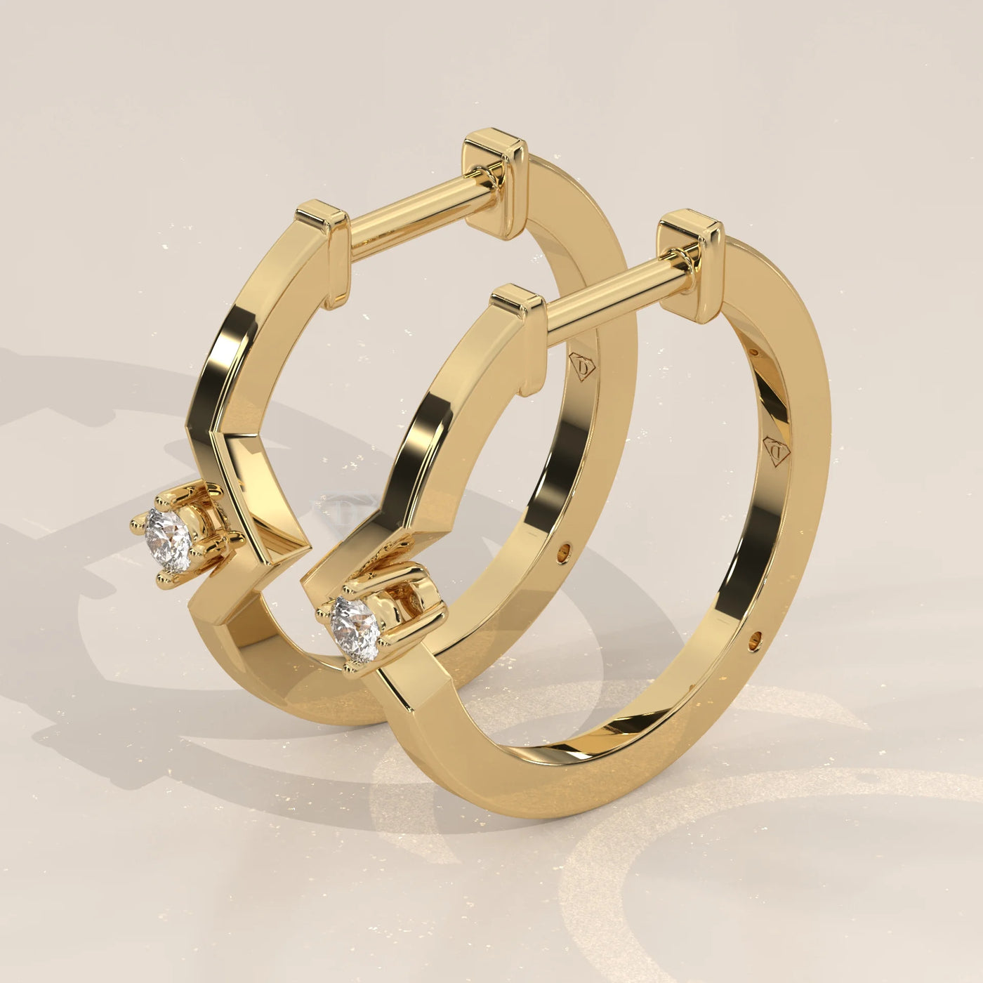 Three-Quarter View: Round Diamond Huggie Hoop Earrings with Solitaire Setting in Yellow Gold – Lab Grown – Driona Jewels