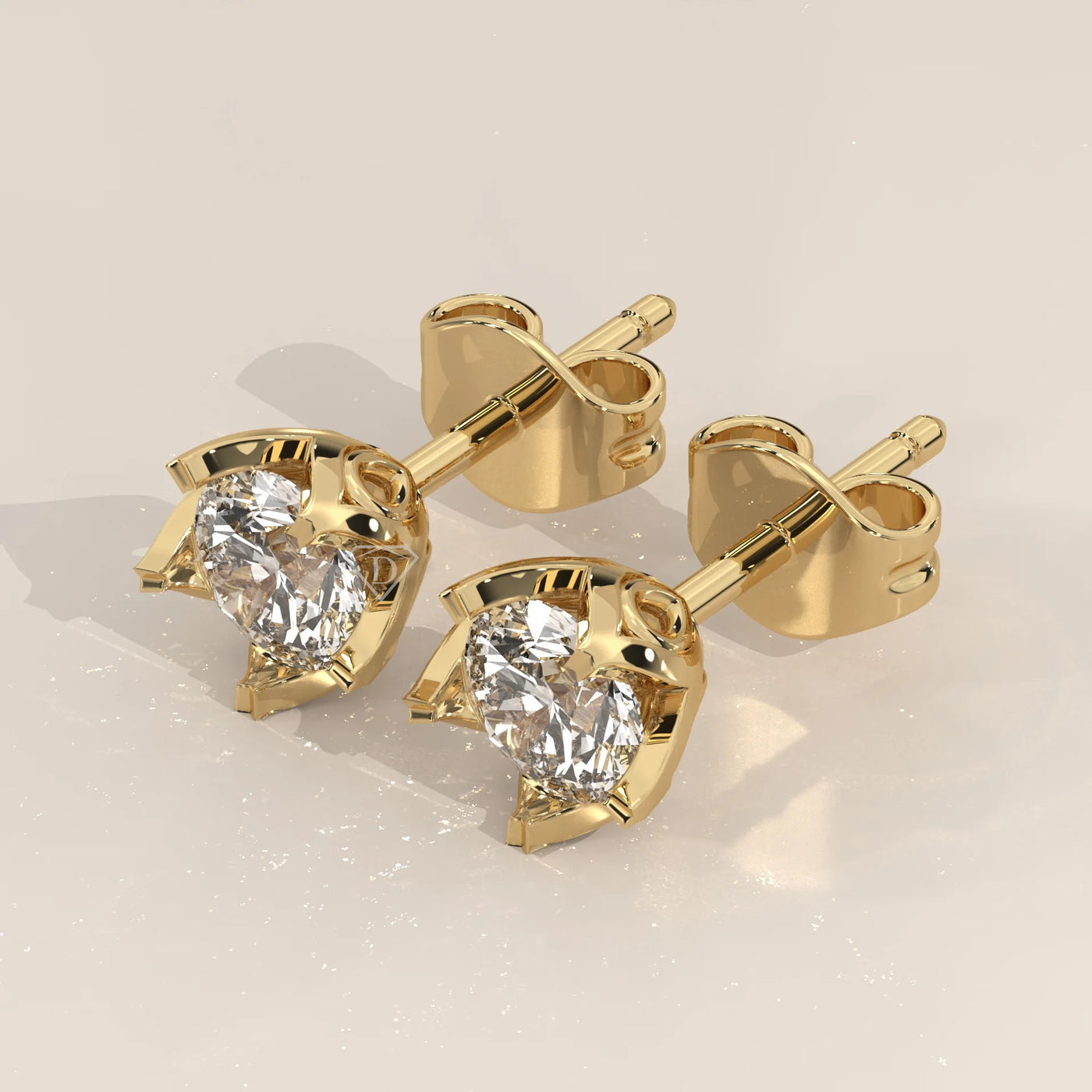Three-Quarter View: Round Diamond Stud Earrings with Solitaire Setting in Yellow Gold – Lab Grown – Driona Jewels