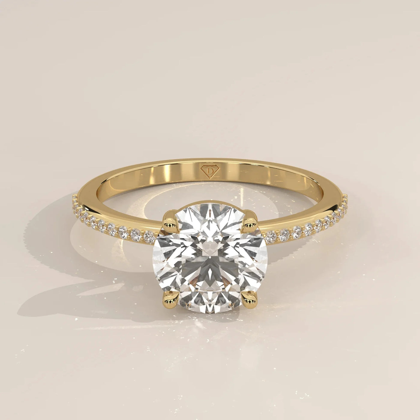 Front View: Round Diamond Engagement Ring with Pavé Setting in Yellow Gold – Lab Grown – Driona Jewels
