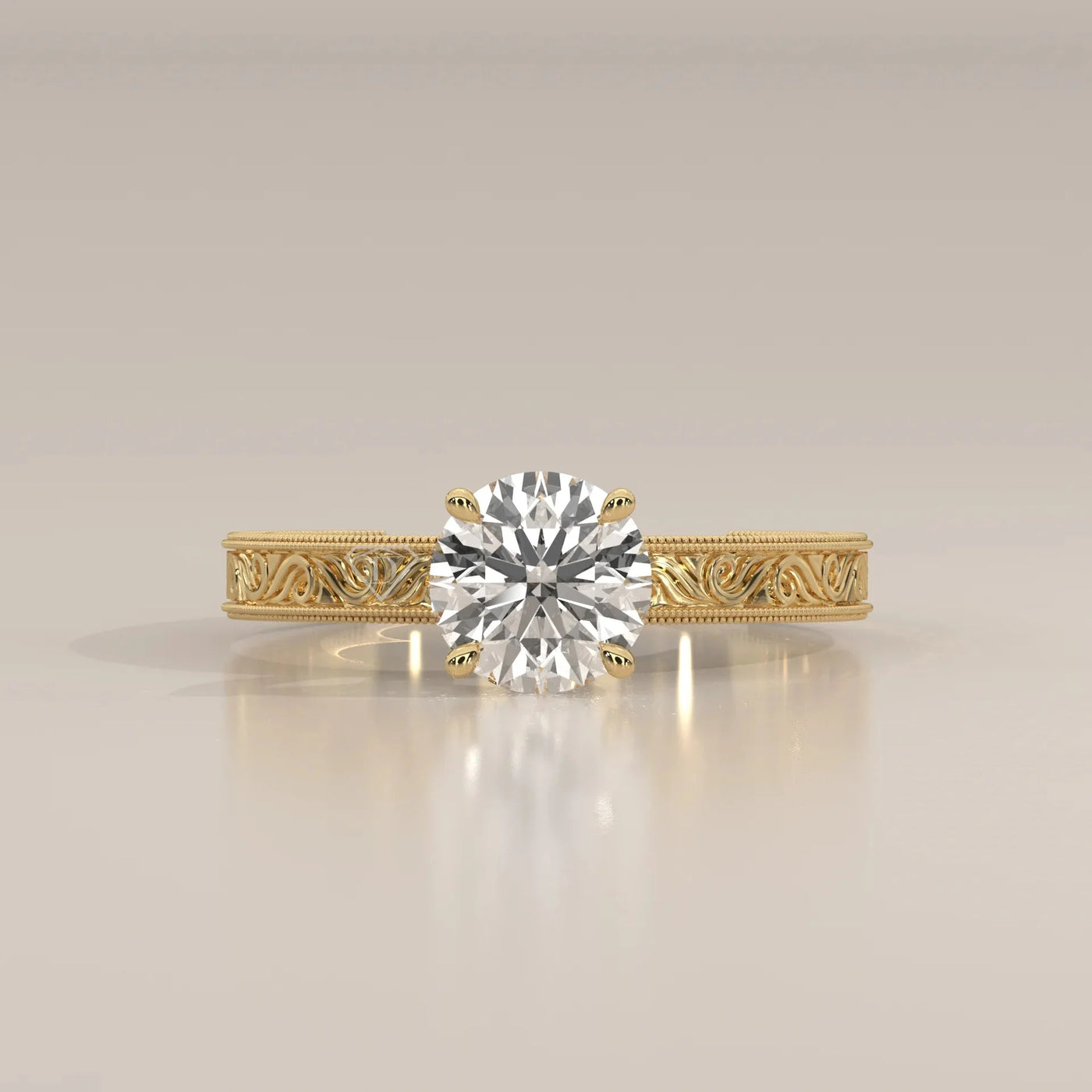 Front View: Round Diamond Ring with Solitaire Setting in Yellow Gold – Lab Grown – Driona Jewels