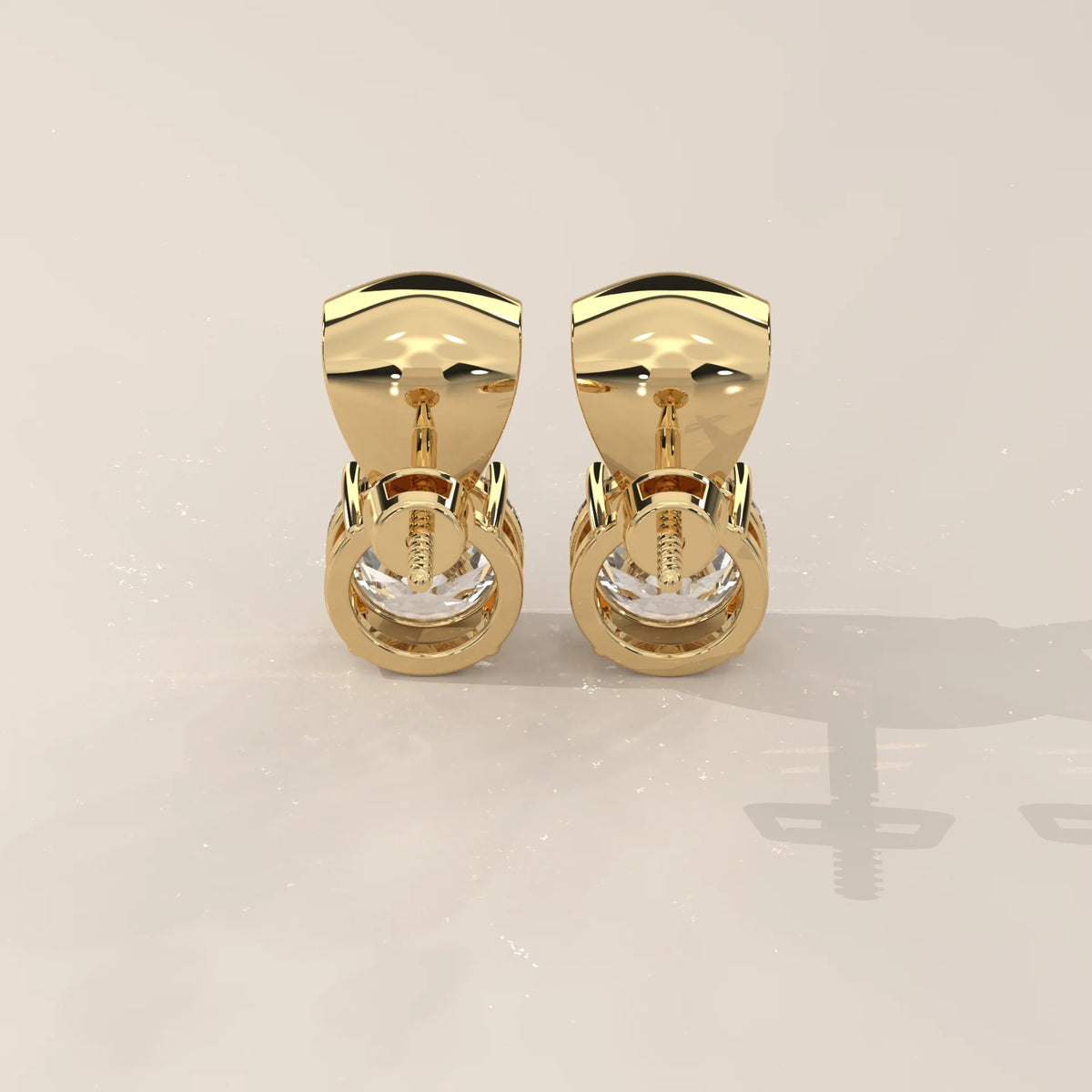 Round Solitaire Lab Grown Diamond Studs Under a Polished Gold Cap in yellow gold, shown on a plain background.