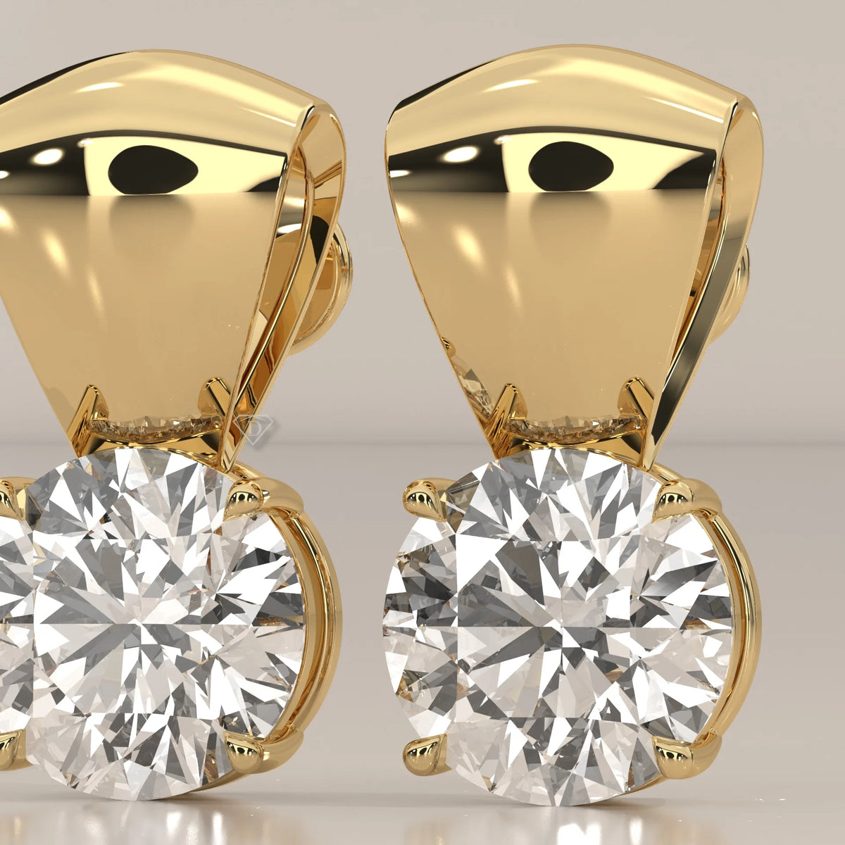 Round Solitaire Lab Grown Diamond Studs Under a Polished Gold Cap in yellow gold, front view on a plain background.