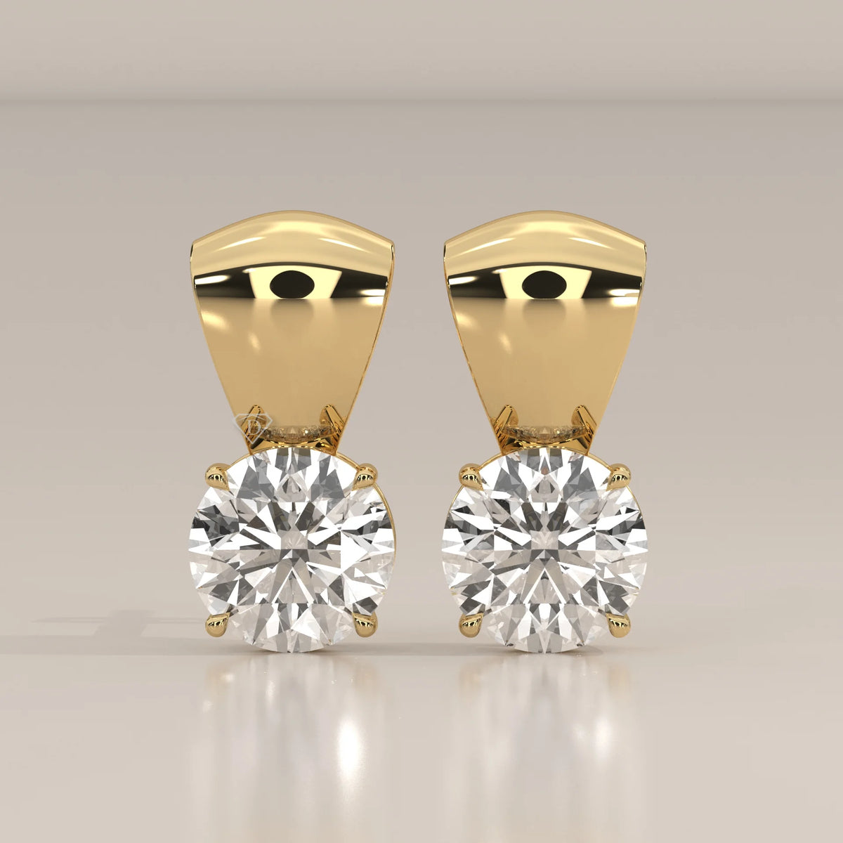 Round Solitaire Lab Grown Diamond Studs Under a Polished Gold Cap in yellow gold, shown from the front.