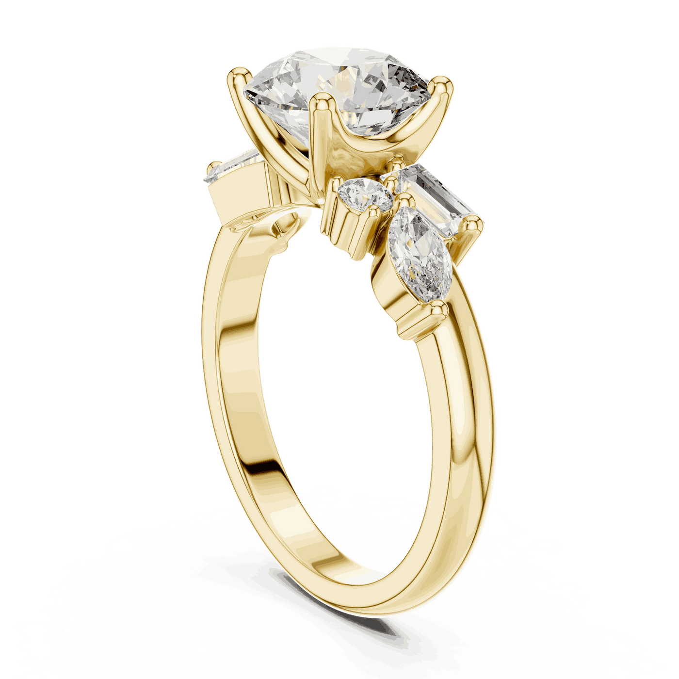 Round Lab Grown Diamond Ring with Mixed Shape Side Stones