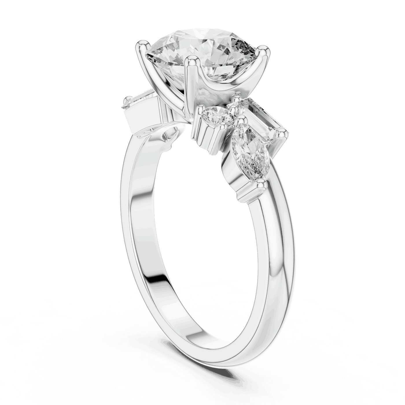 Round Lab Grown Diamond Ring with Mixed Shape Side Stones