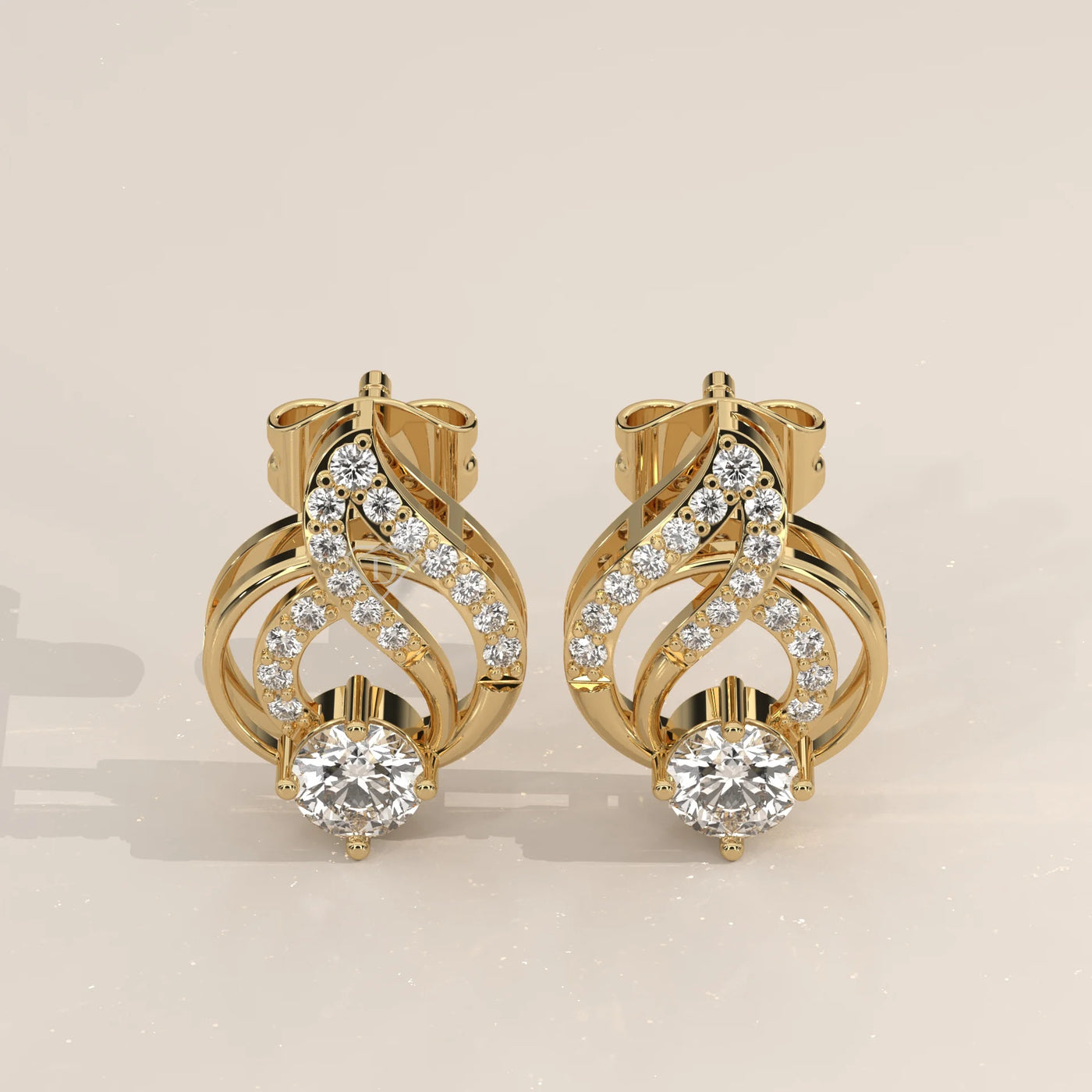 Pair Front View: Round Diamond Stud Earrings with Prong Setting in Yellow Gold – Lab Grown – Driona Jewels