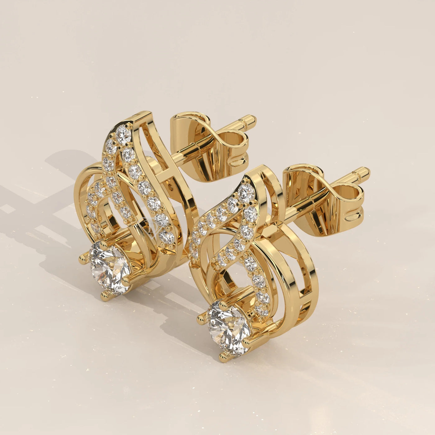 Three-Quarter View: Round Diamond Stud Earrings with Prong Setting in Yellow Gold – Lab Grown – Driona Jewels