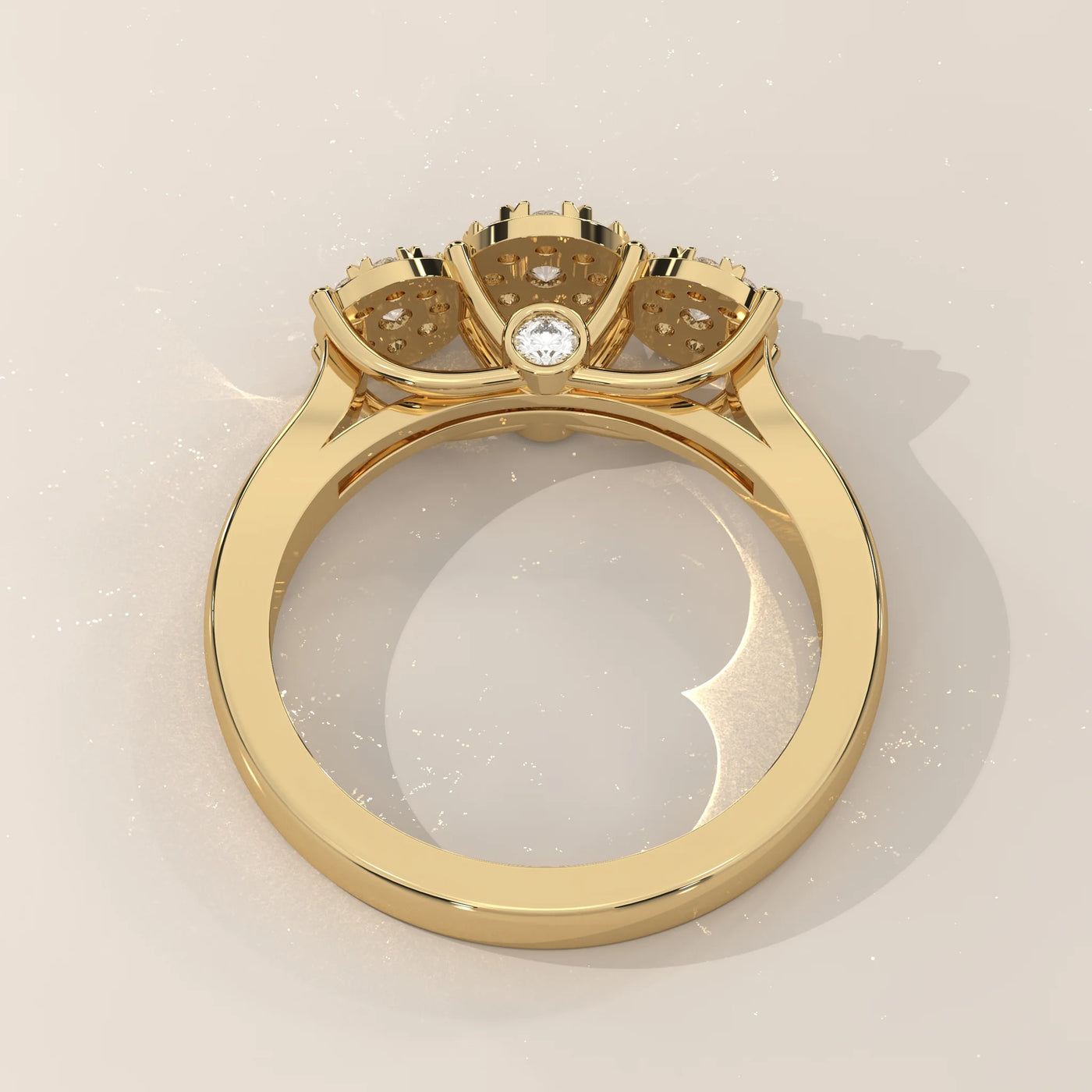 Top View: Round Diamond Ring with Three-Stone Setting in Yellow Gold – Lab Grown – Driona Jewels