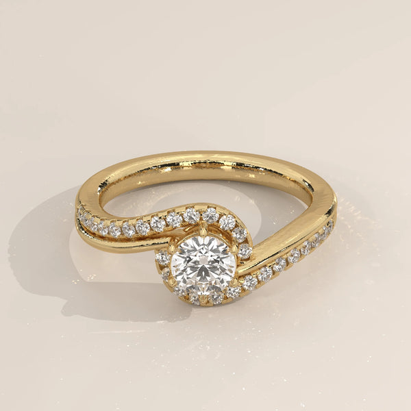 Three-Quarter View: Round Diamond Ring with Twisted Setting in Yellow Gold – Lab Grown – Driona Jewels