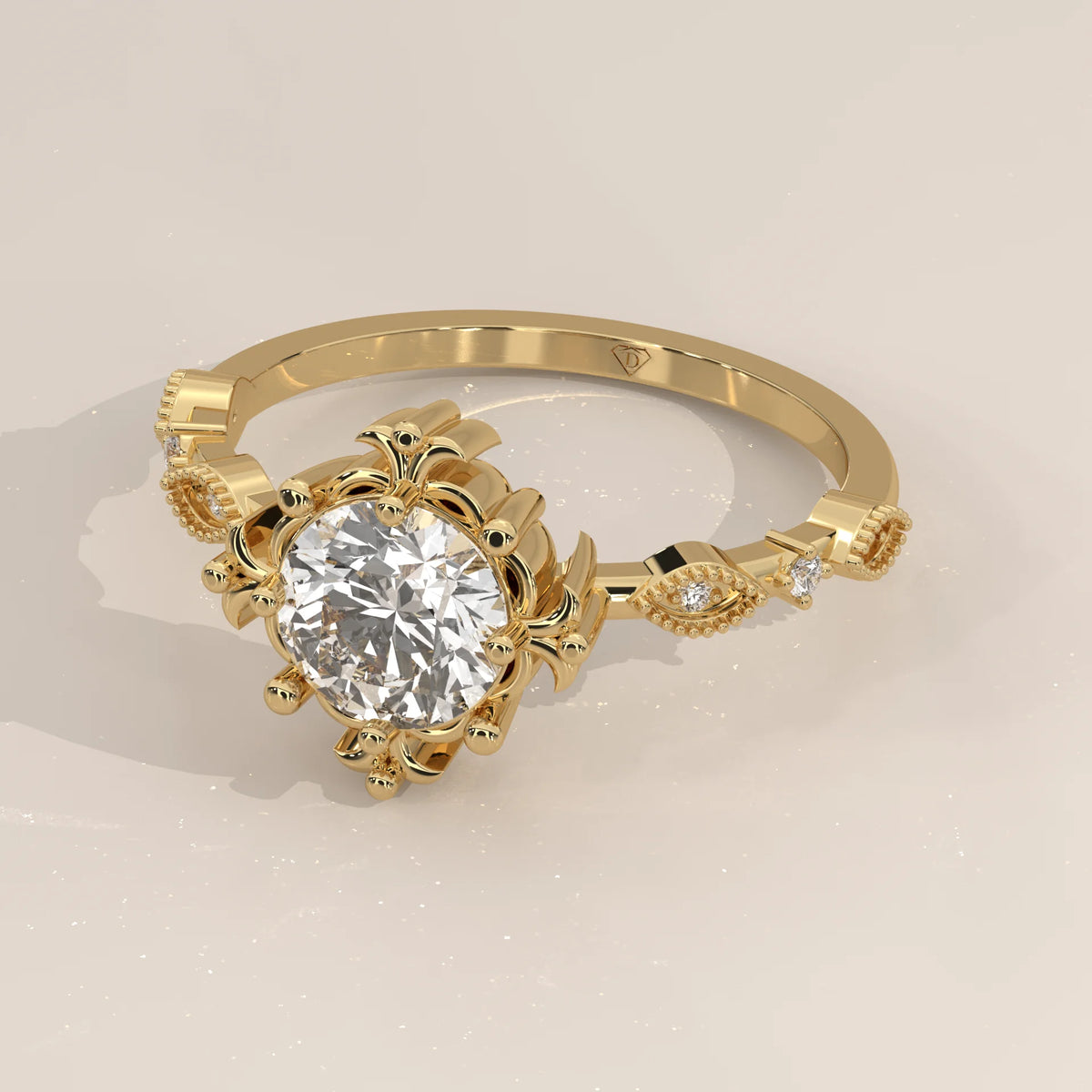 Angle View: Round Diamond Engagement Ring with Halo Setting in Yellow Gold – Lab Grown – Driona Jewels