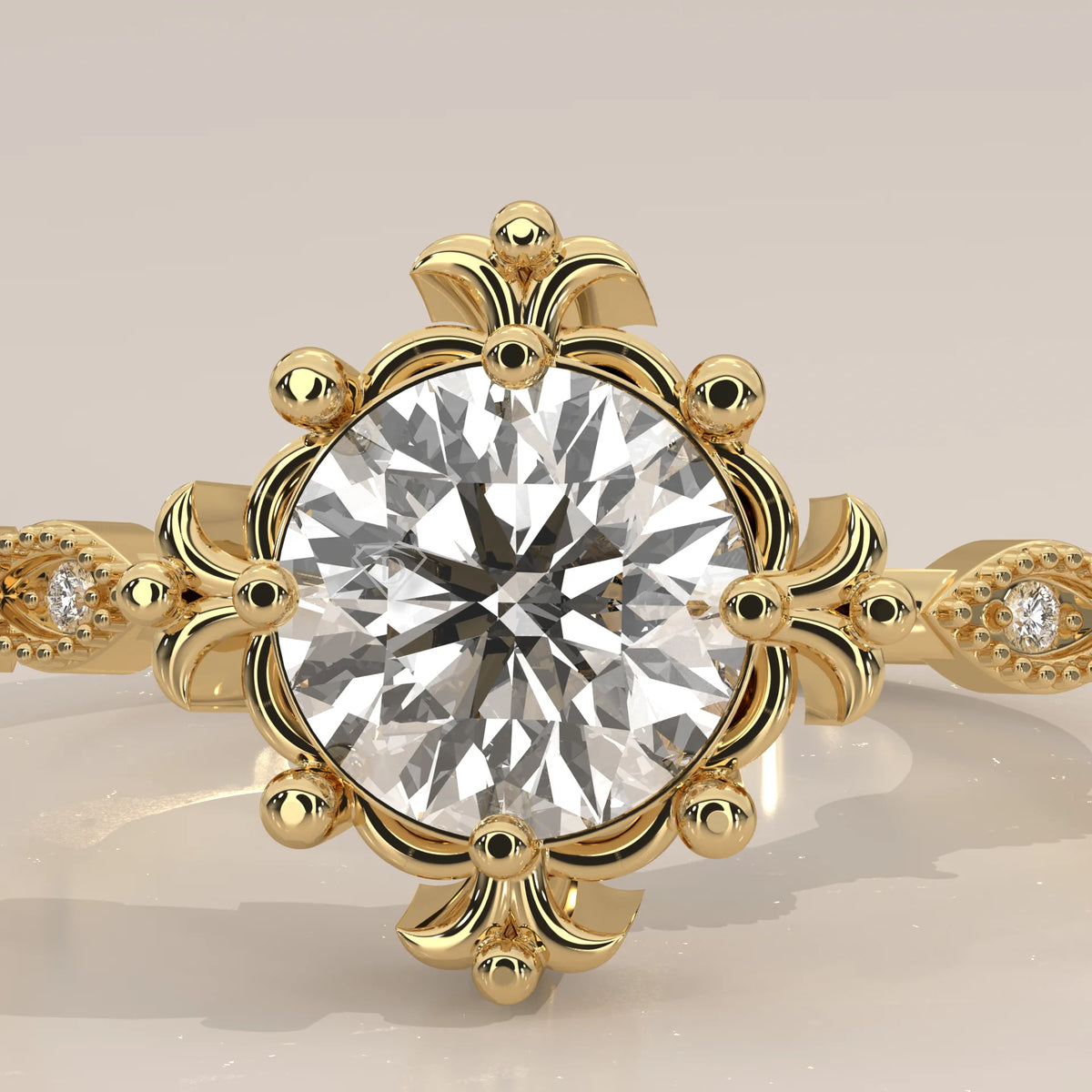 Stone Detail: Round Lab Grown Diamonds in Halo Setting – Yellow Gold – Driona Jewels