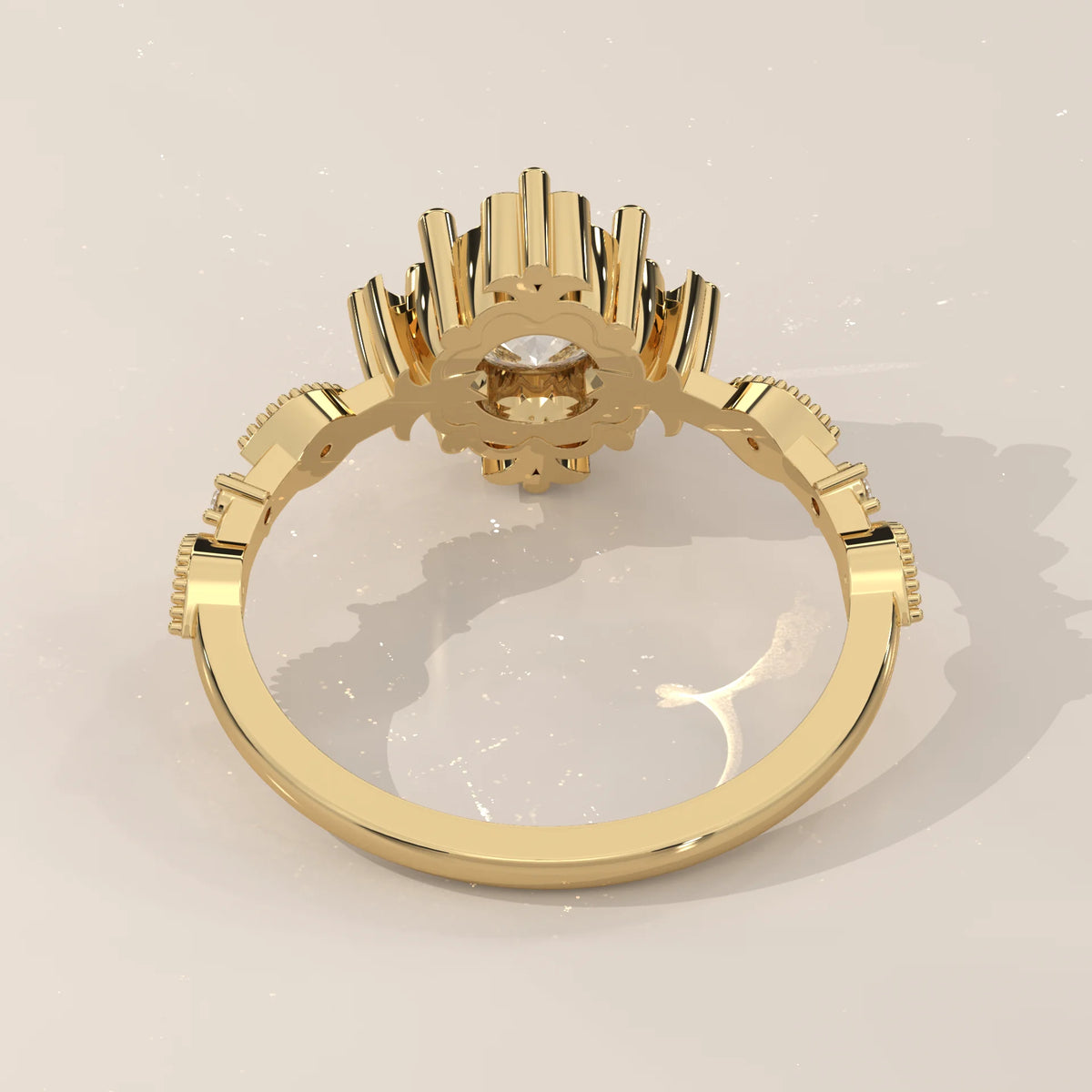 Top View: Round Diamond Engagement Ring with Halo Setting in Yellow Gold – Lab Grown – Driona Jewels