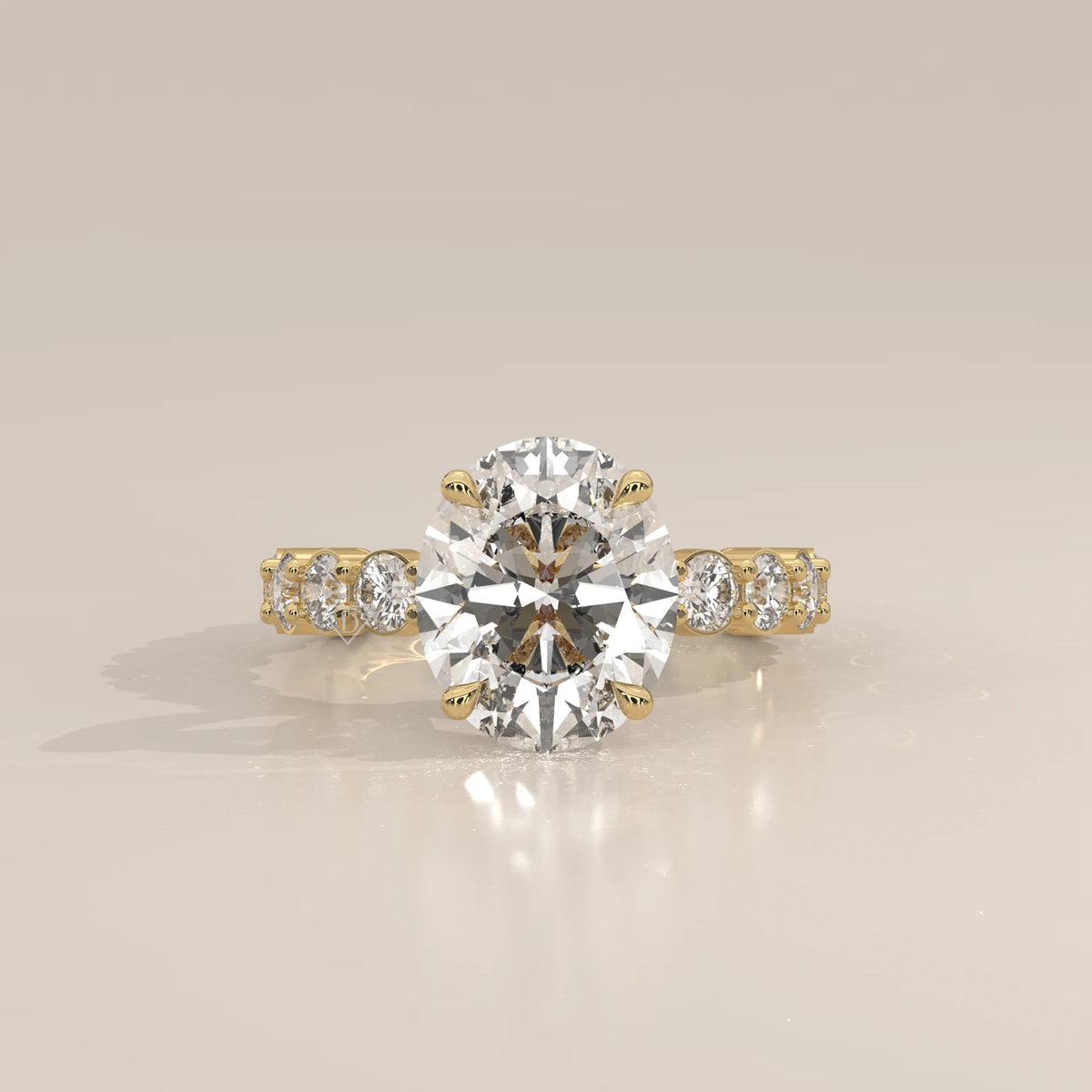 Scyrlet 5 Carat Oval Lab Grown Diamond Ring, Bold Round Diamond Band in yellow gold, photographed head-on.