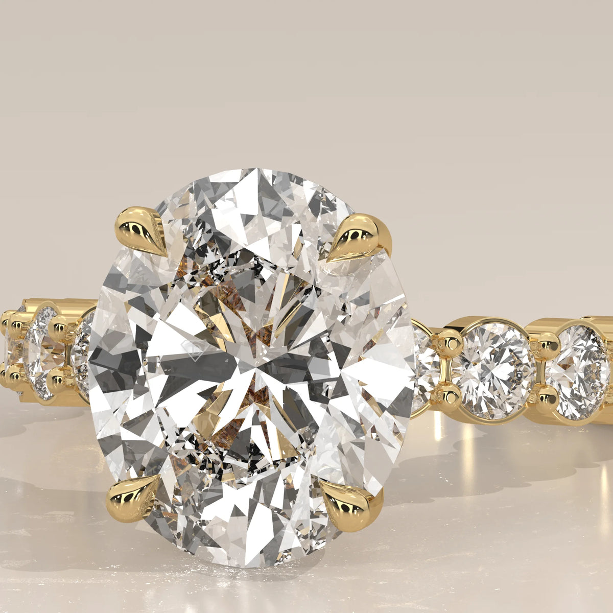Scyrlet 5 Carat Oval Lab Grown Diamond Ring, Bold Round Diamond Band in yellow gold, front view on a plain background.