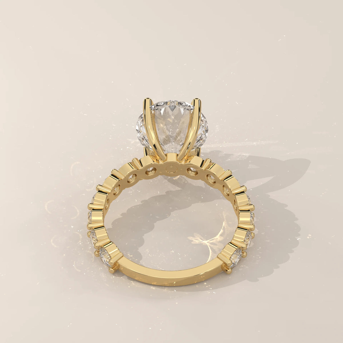 Scyrlet 5 Carat Oval Lab Grown Diamond Ring, Bold Round Diamond Band in yellow gold, side profile view.