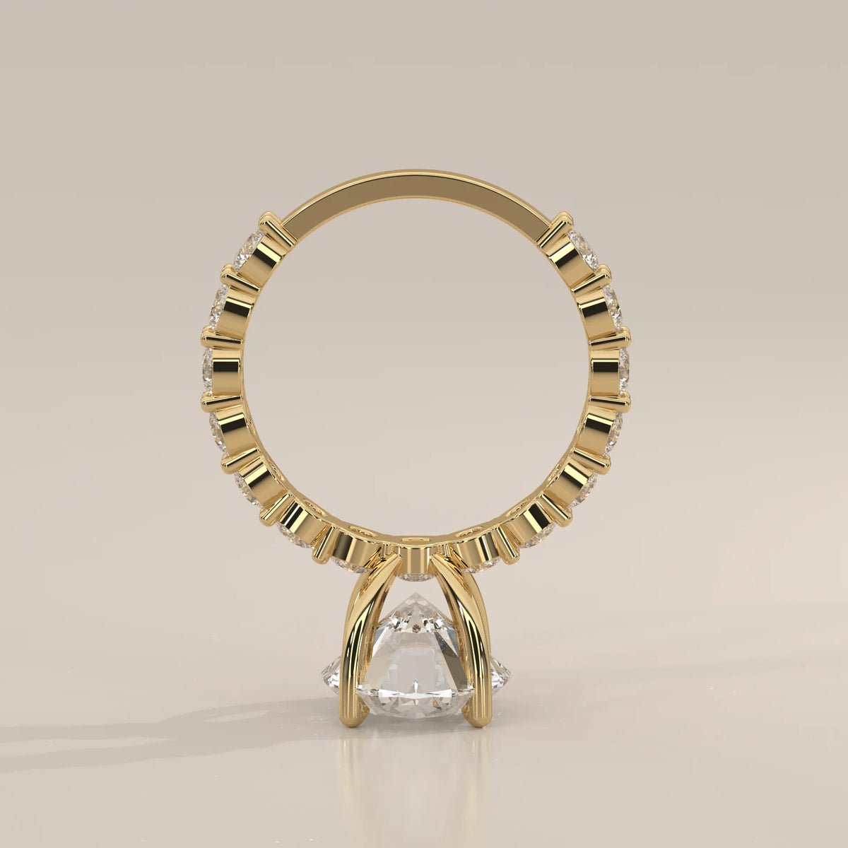 Scyrlet 5 Carat Oval Lab Grown Diamond Ring, Bold Round Diamond Band in yellow gold, photographed from the side.